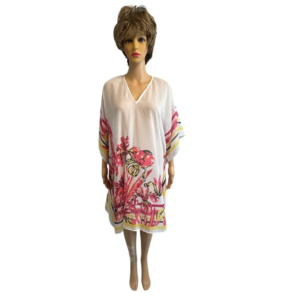 Carmen Marc Valvo Hibiscus V-Neck Caftan Cover Up NWT